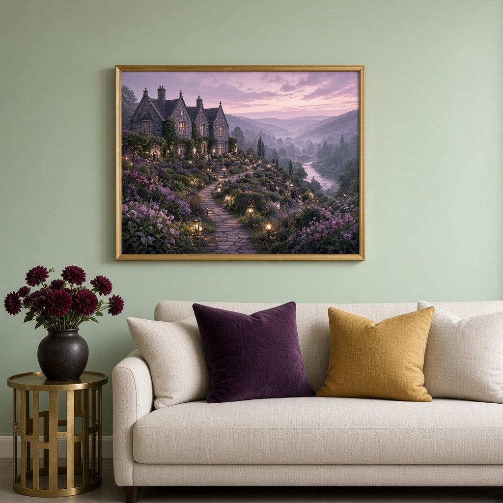 Luxury gothic panorama of an ivy-clad gabled stone manor above lantern-lit terraced gardens and a misty river valley at lilac twilight printed flat on a framed print in a living room, made with prompt #9