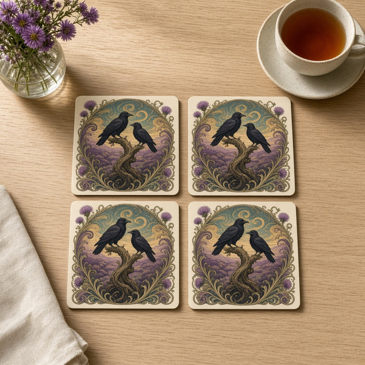 Art nouveau ravens on a twisted tree above a heather moor as a swirling storm approaches, framed by vines and thistles printed flat on a set of four coasters, made with prompt #46