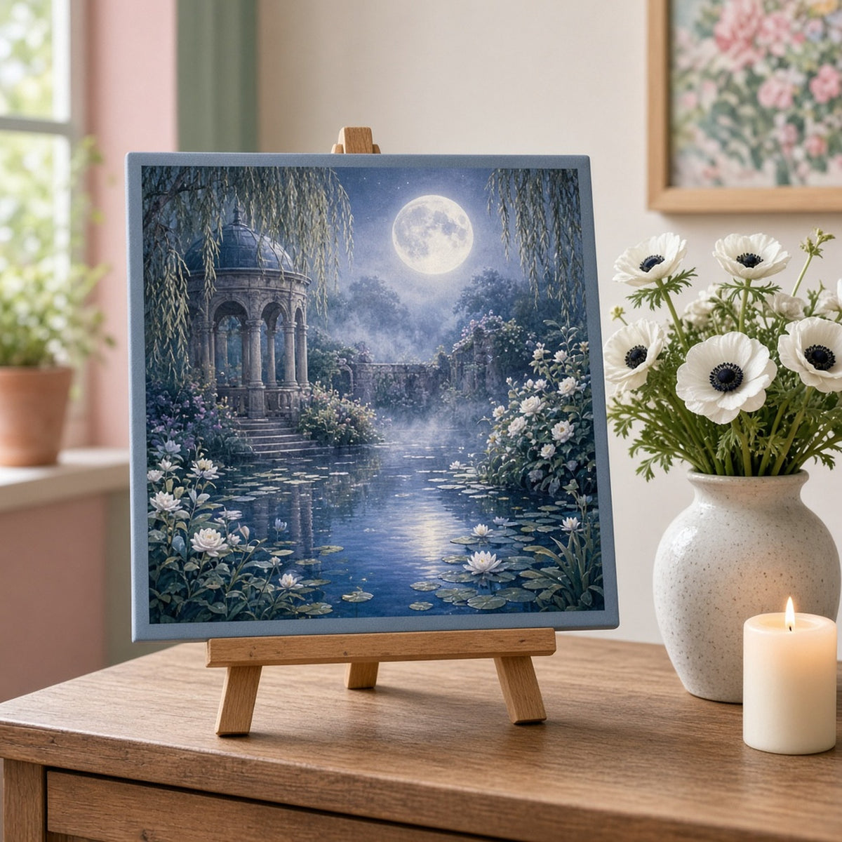 Moonlit walled garden with a domed stone gazebo, weeping willows and white roses beside a misty lily pond printed flat on a ceramic tile, made with prompt #84