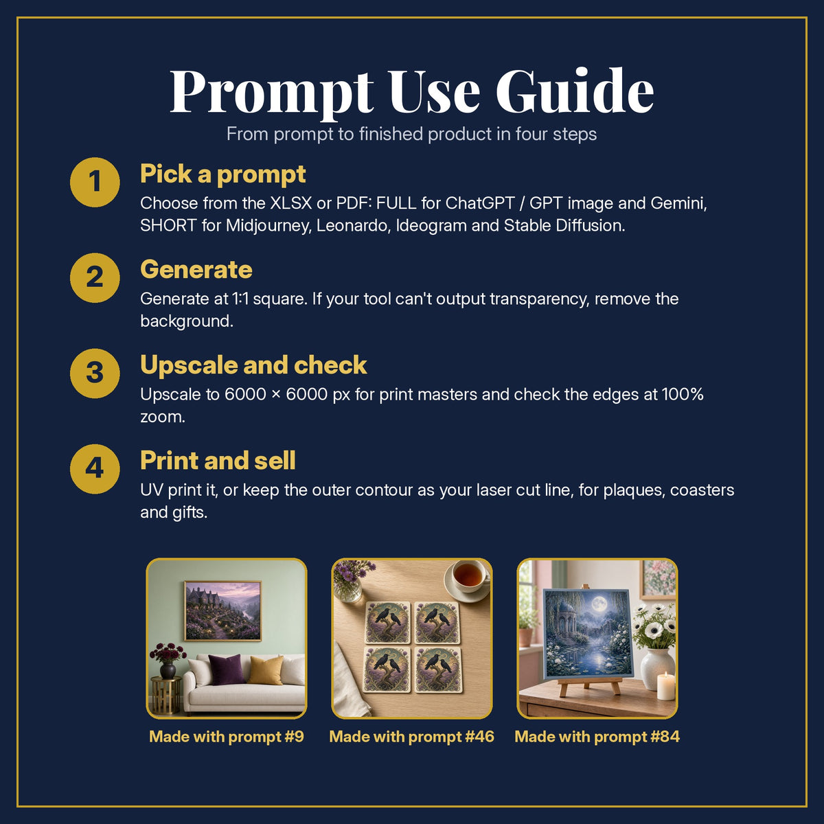 Prompt Use Guide for the Gothic Worlds, Luxury & Decorative Collection: pick a prompt, generate, upscale and check, print and sell, with sample products made with the pack's prompts