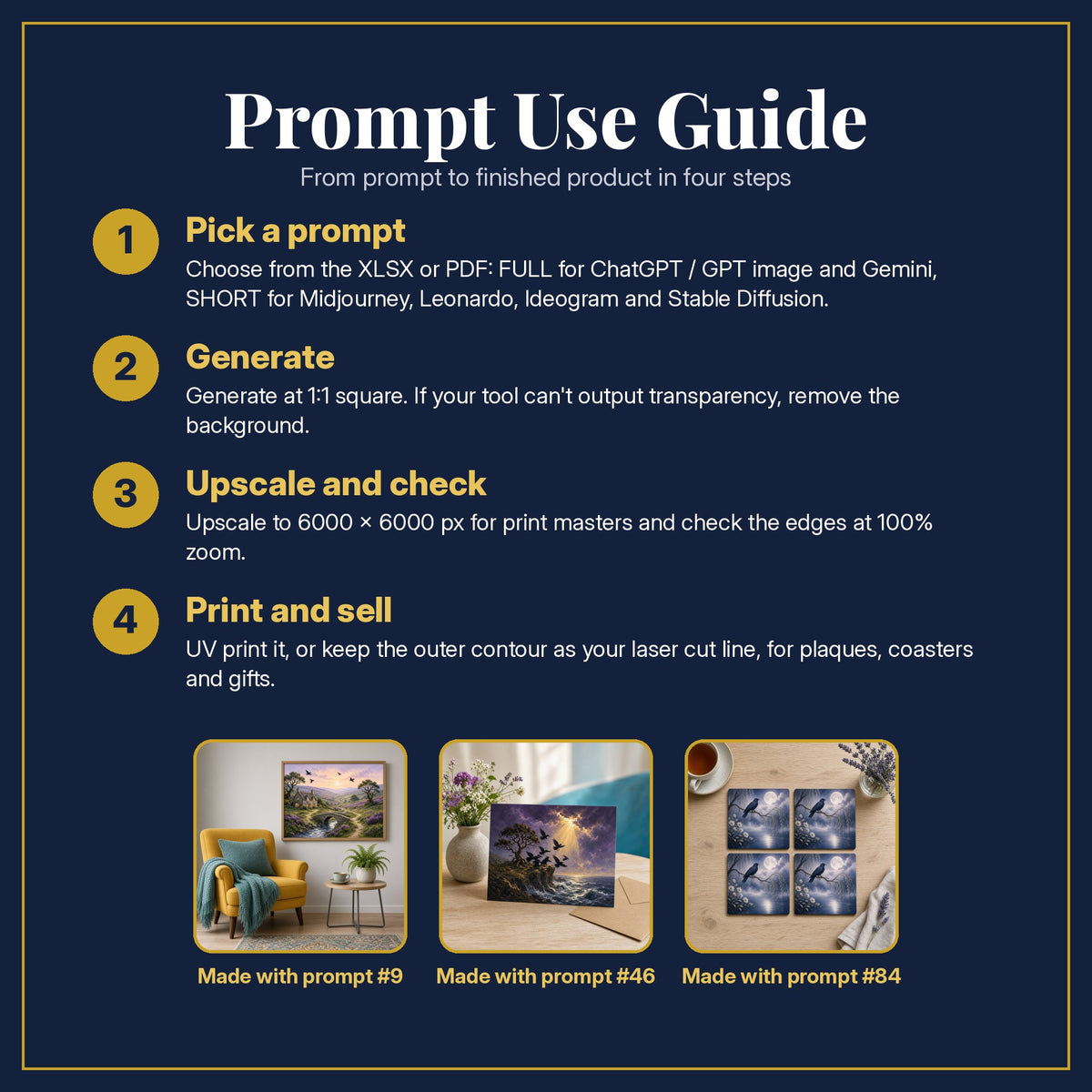 Prompt Use Guide for the Gothic Worlds, Painterly & Handmade Collection: pick a prompt, generate, upscale and check, print and sell, with sample products made with the pack's prompts