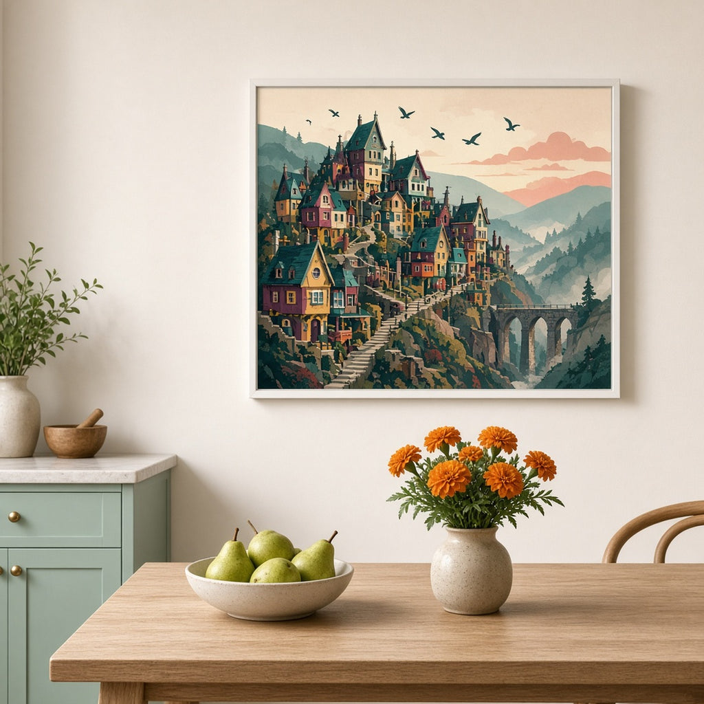 Vintage retro gothic panorama of a crooked hillside village of tall gabled houses, stairways and a stone viaduct over a misty valley printed flat on a framed print in a kitchen-diner, made with prompt #9