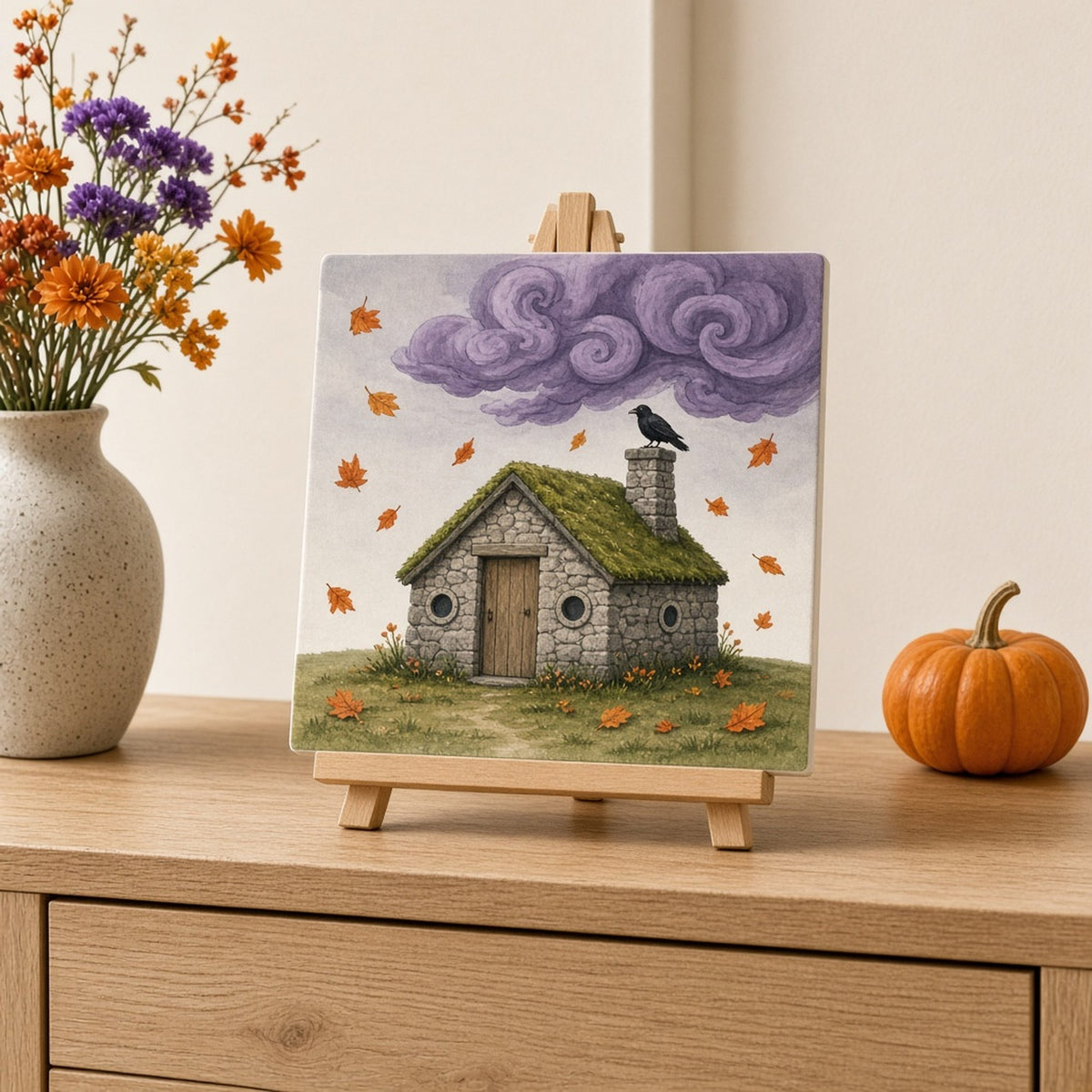 Playful whimsical mossy-roofed stone cottage with a rectangular plank door on flat grassy ground, a raven on the chimney as a purple storm cloud rolls in and autumn leaves blow past printed flat on a ceramic tile, made with prompt #46