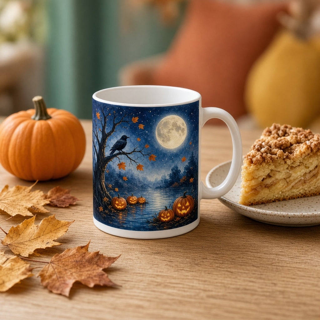 Seasonal moonlit pumpkin patch beside a misty pond with a raven in a bare tree and falling autumn leaves printed flat on a mug, made with prompt #84