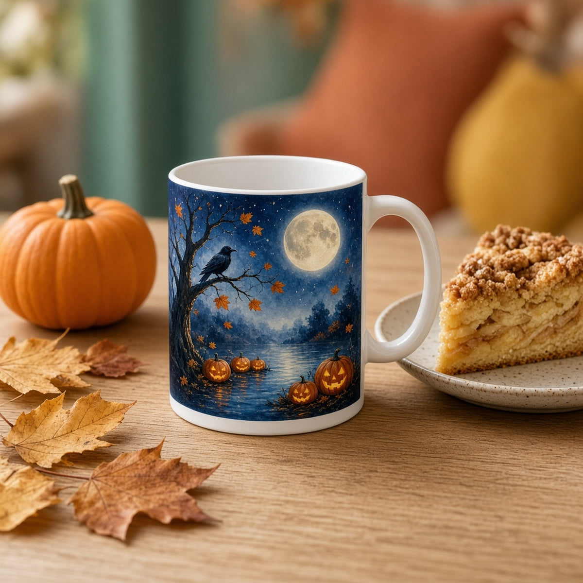 Seasonal moonlit pumpkin patch beside a misty pond with a raven in a bare tree and falling autumn leaves printed flat on a mug, made with prompt #84