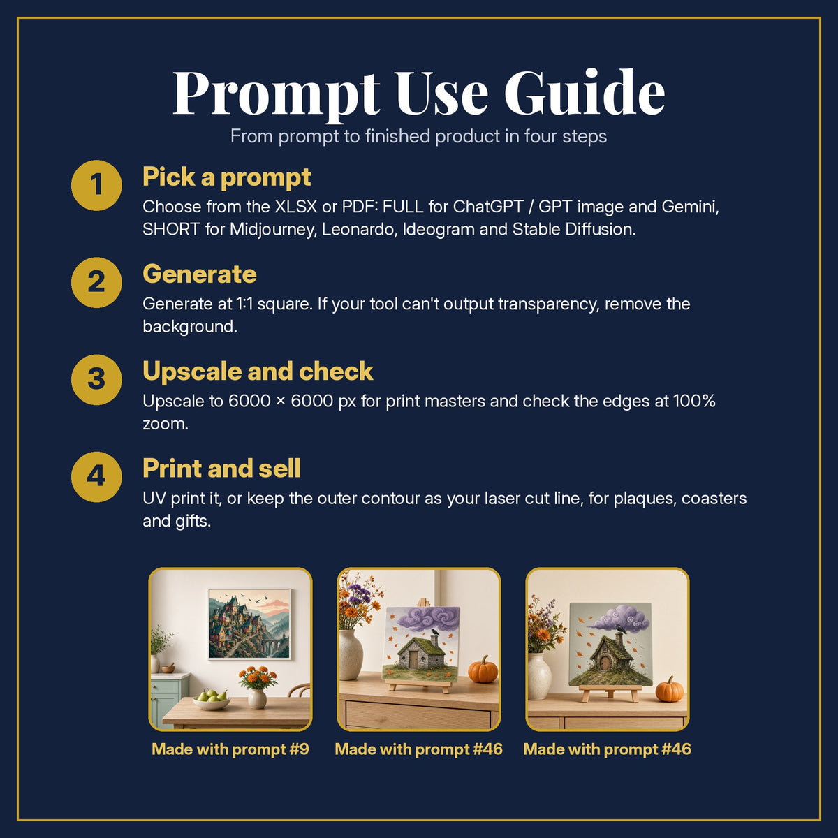 Prompt Use Guide for the Gothic Worlds, Vintage & Whimsical Collection: pick a prompt, generate, upscale and check, print and sell, with sample products made with the pack's prompts