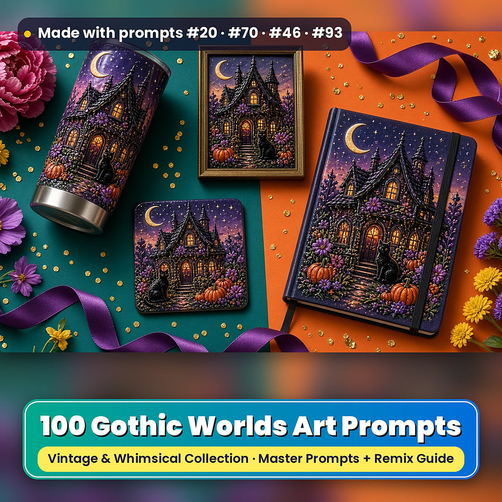 Gothic Worlds, Vintage & Whimsical Collection: Made with prompts #20 · #70 · #46 · #93 – realistic UV-printed mockup