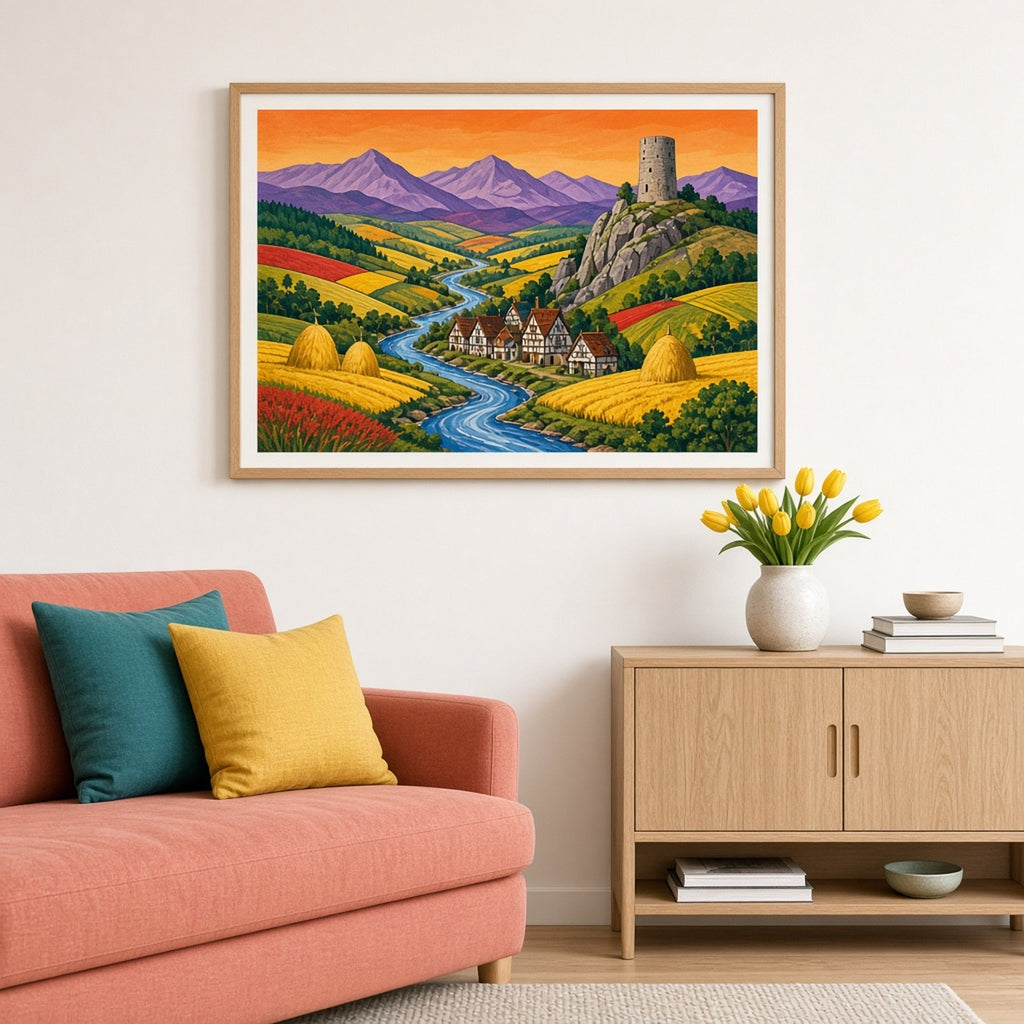 Bold-colour medieval panorama of a winding river valley with timber-framed cottages, haystacks and a round stone tower on a crag under an orange sky printed flat on a framed print in a living room, made with prompt #9