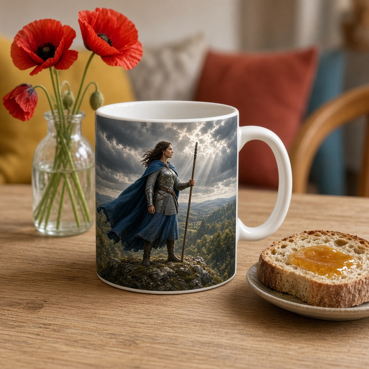 Cinematic woman warrior in chainmail and a blue cloak with a wooden staff on a rocky hilltop as a storm rolls over a forest valley printed flat on a mug, made with prompt #46
