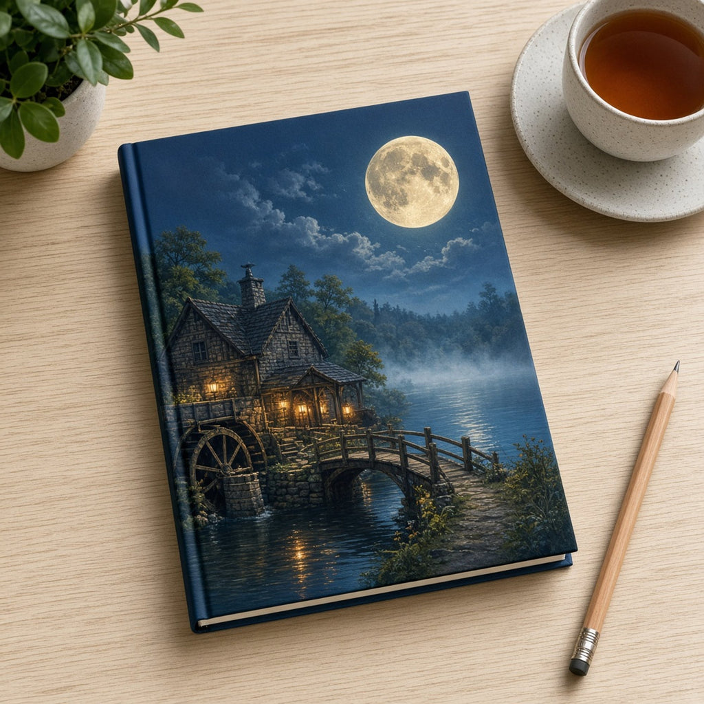 Moonlit lake with a stone watermill, a wooden footbridge and glowing lanterns under a full moon printed flat on a notebook cover, made with prompt #84
