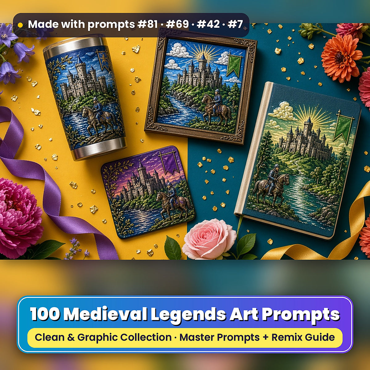 Medieval Legends, Clean & Graphic Collection: Made with prompts #81 · #69 · #42 · #7 – realistic UV-printed mockup