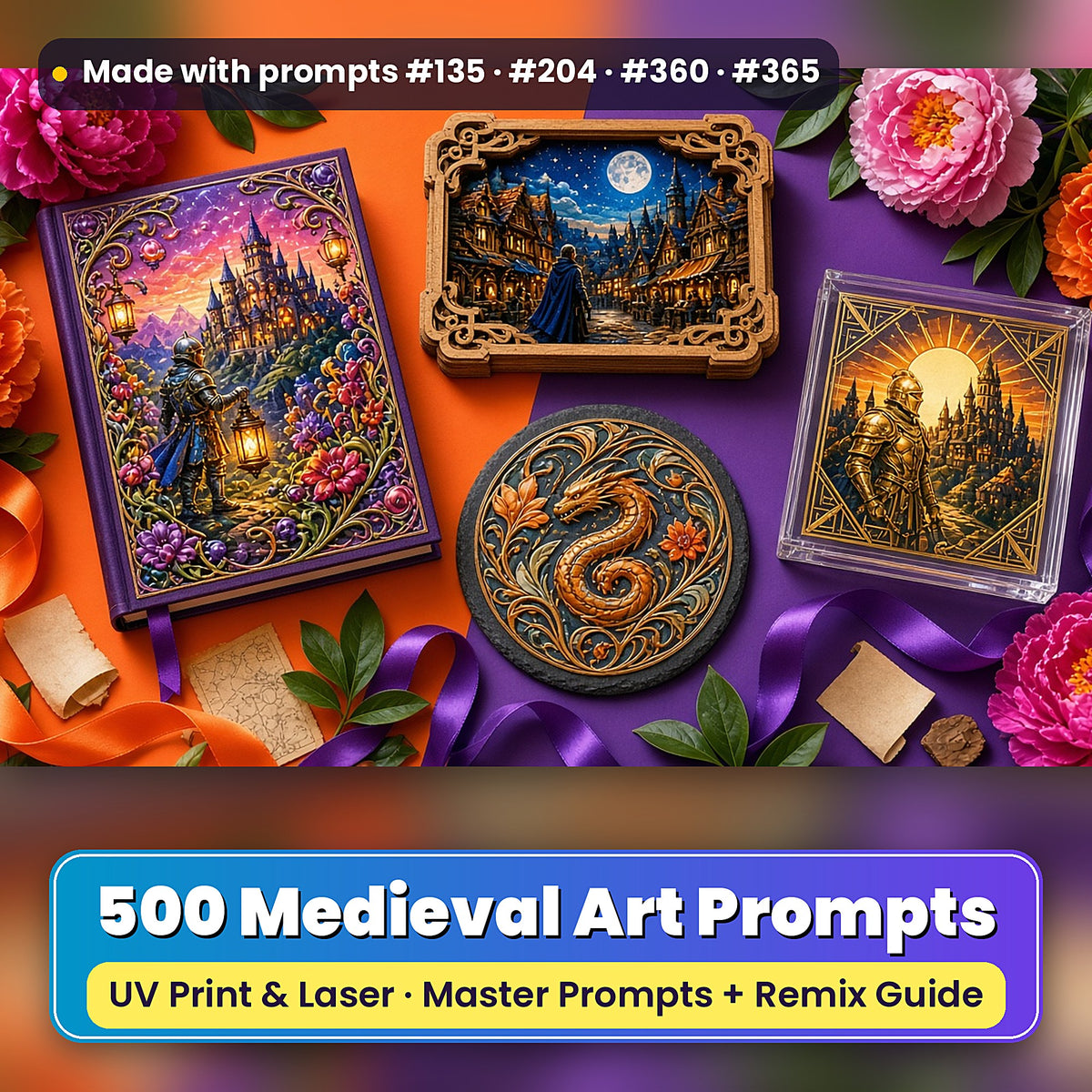 500 Medieval Art Prompts Library: Made with prompts #135 · #204 · #360 · #365 – realistic UV-printed mockup