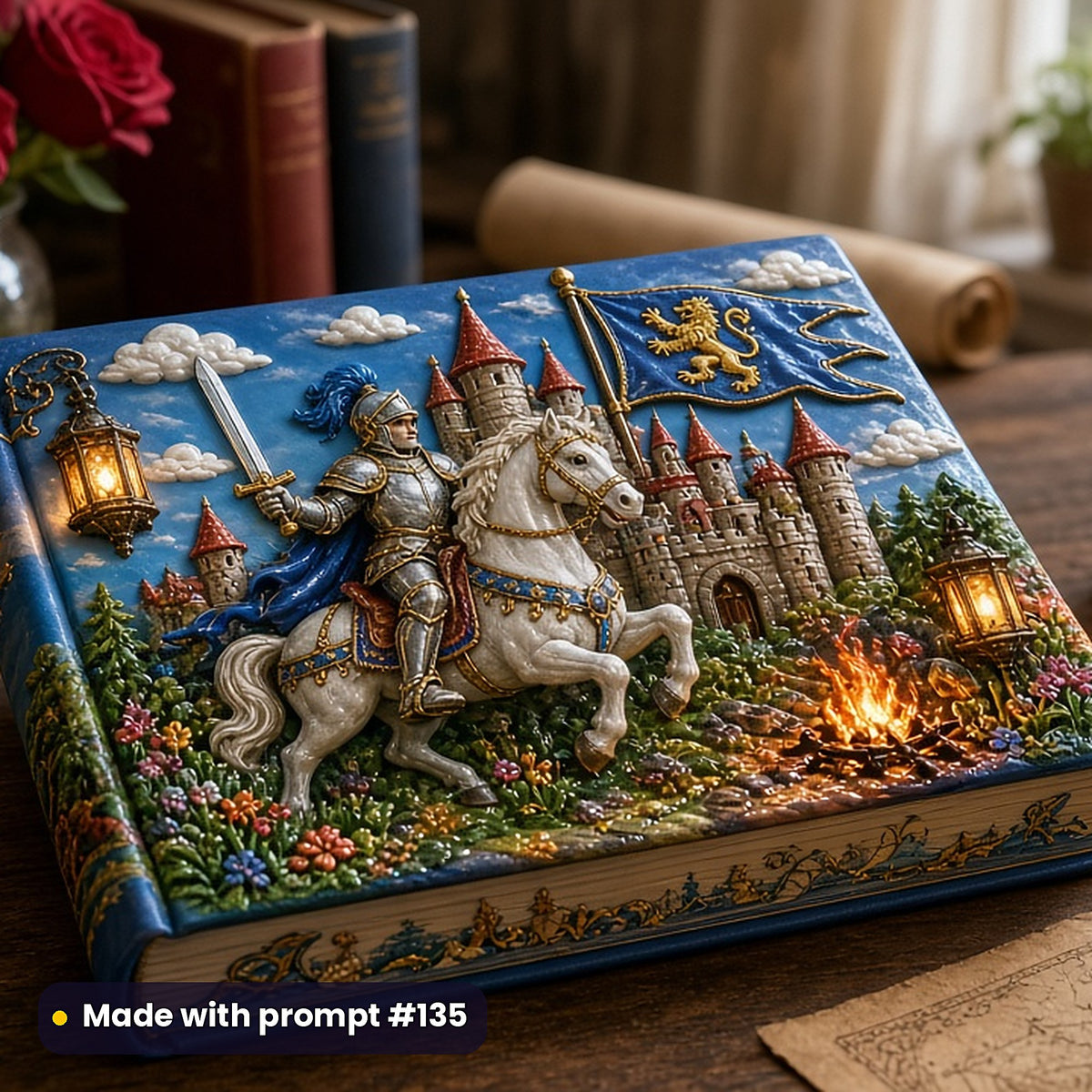 500 Medieval Art Prompts Library: Made with prompt #135 – realistic UV-printed mockup (Playful Whimsical — Fire and Light)