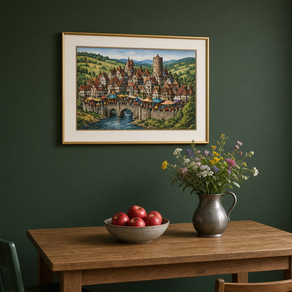 Luxury jewel-toned medieval panorama of a timber-framed market town with a round stone keep, colourful stalls and a stone bridge over a river printed flat on a framed print in a dining room, made with prompt #9