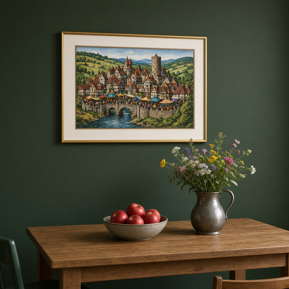 Luxury jewel-toned medieval panorama of a timber-framed market town with a round stone keep, colourful stalls and a stone bridge over a river printed flat on a framed print in a dining room, made with prompt #9
