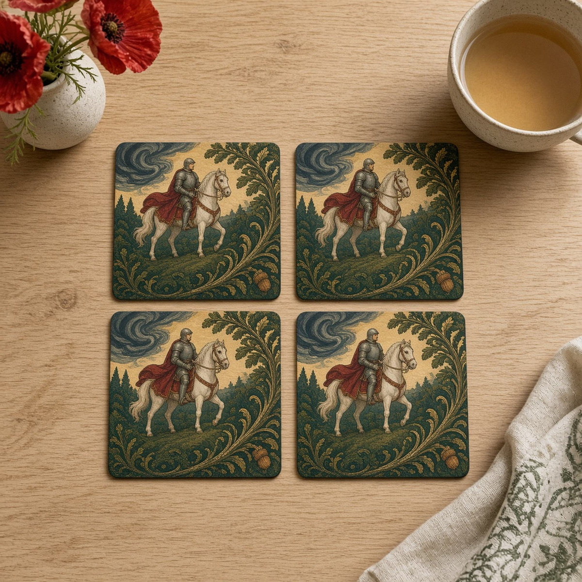 Art nouveau armoured rider in a red cloak on a white horse on a forest ridge as a swirling storm approaches, framed by oak branches printed flat on a set of four coasters, made with prompt #46
