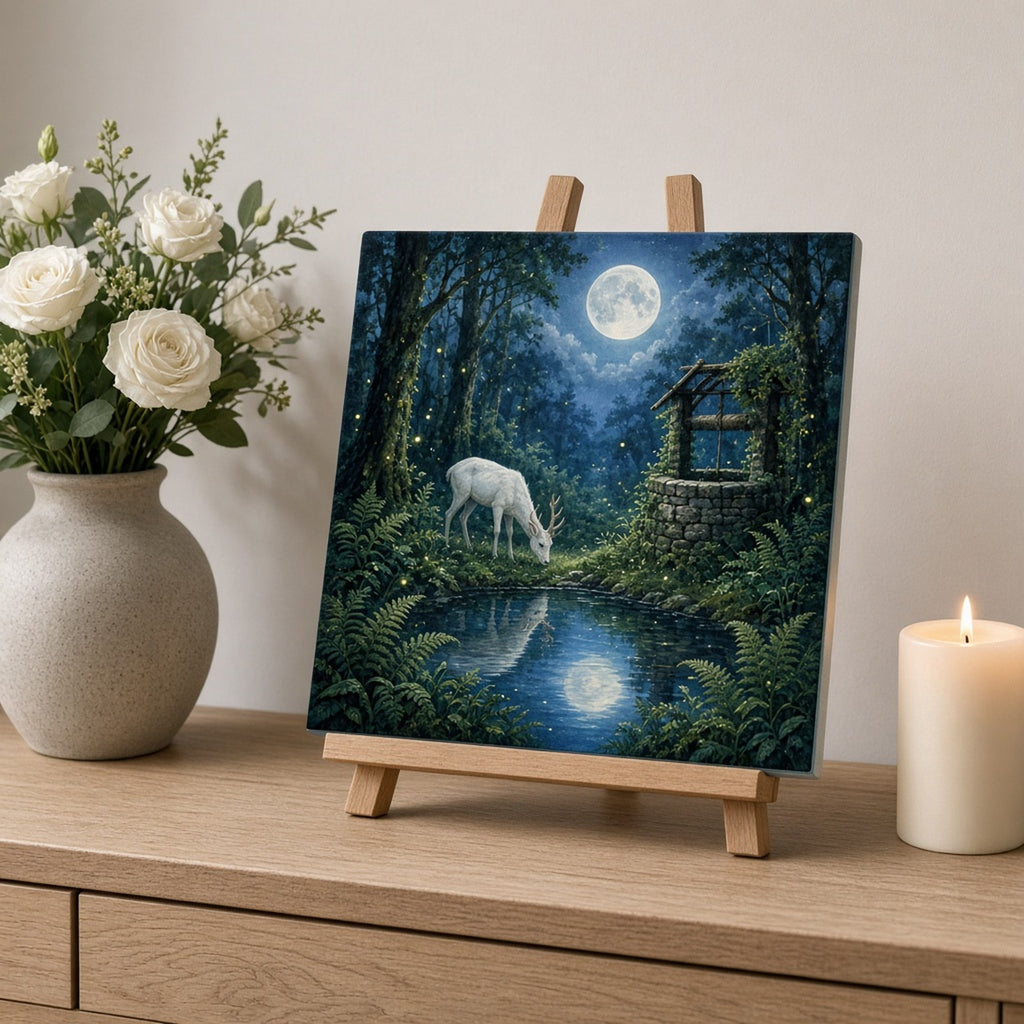 Moonlit forest glade with a white stag drinking from a pool beside an old stone well among ferns and fireflies printed flat on a ceramic tile, made with prompt #84