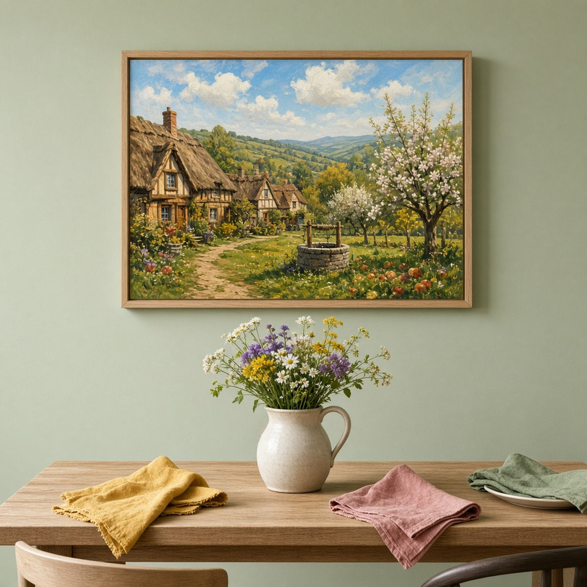 Painterly medieval village green with thatched timber-framed cottages, a stone well and blossoming apple trees printed flat on a framed print in a dining room, made with prompt #9