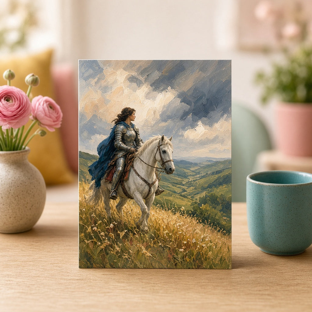 Oil-painting style adult woman knight in silver armour and a blue cloak on a white horse on a golden hillside as storm clouds roll over the valleys printed flat on a greeting card, made with prompt #46