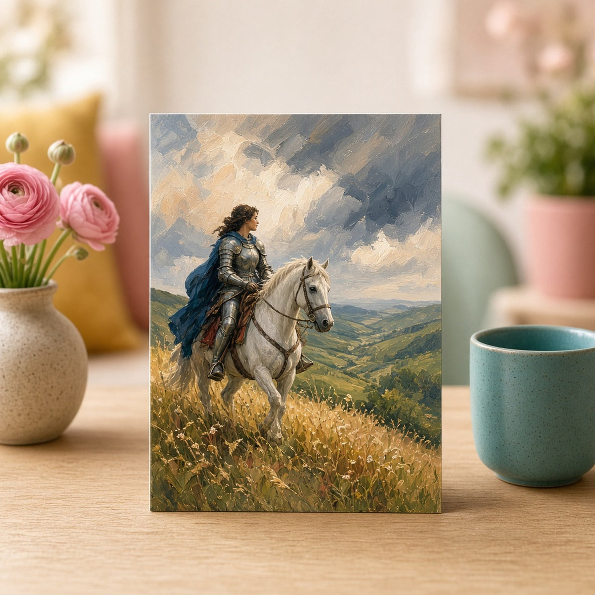 Oil-painting style adult woman knight in silver armour and a blue cloak on a white horse on a golden hillside as storm clouds roll over the valleys printed flat on a greeting card, made with prompt #46