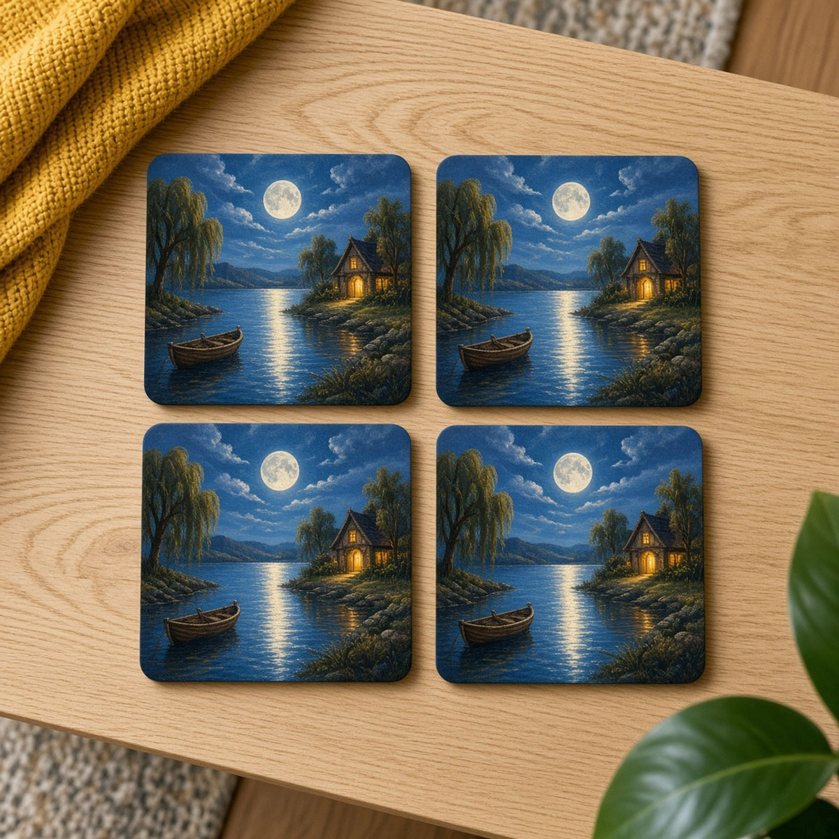 Painterly moonlit lake with a glowing cottage, willow trees and a rowing boat printed flat on a set of 4 coasters, made with prompt #84