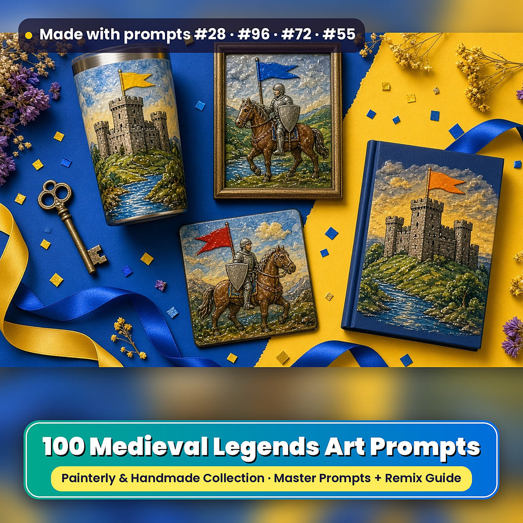 Medieval Legends, Painterly & Handmade Collection: realistic UV-printed mockup, made with prompts #28 · #96 · #72 · #55