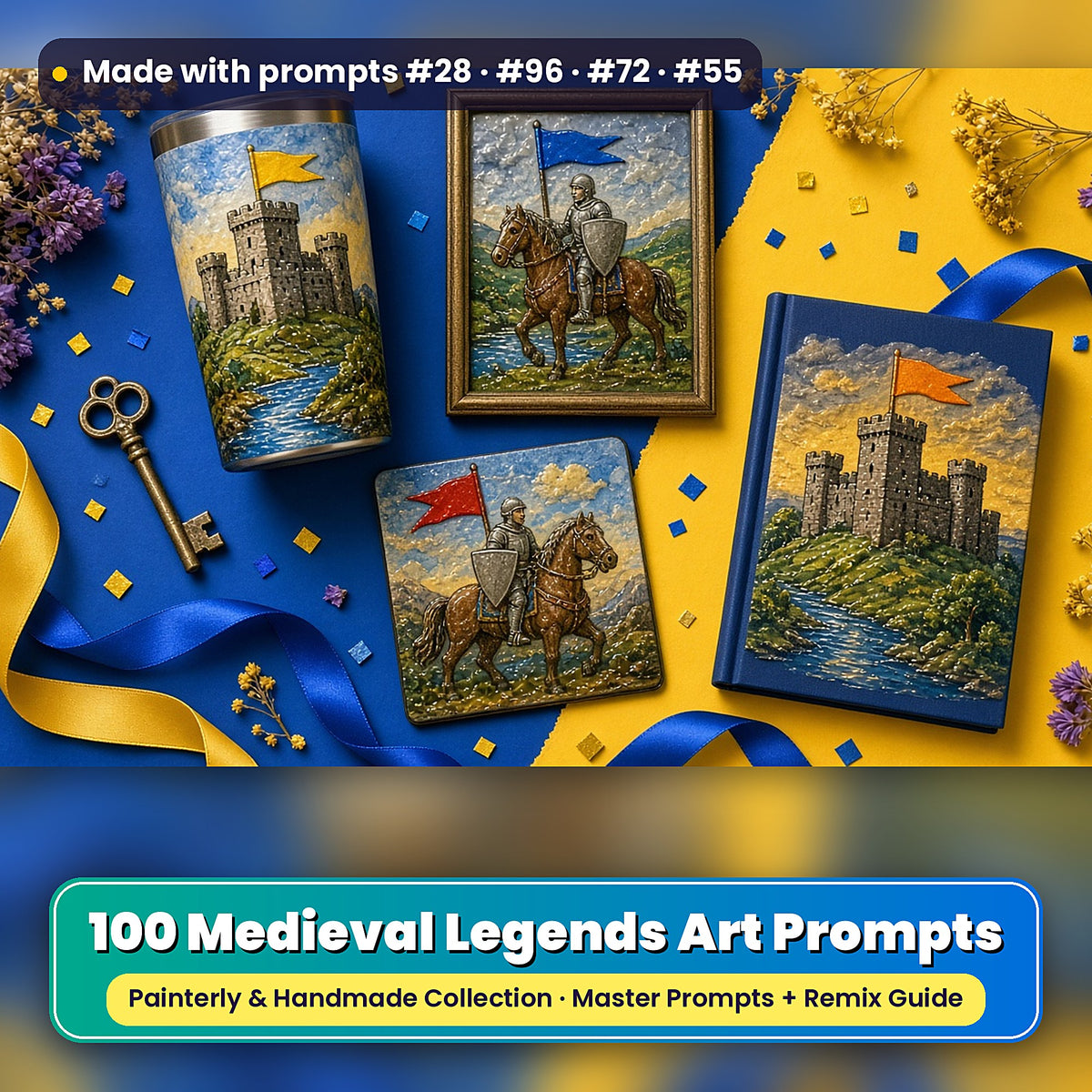 Medieval Legends, Painterly & Handmade Collection: realistic UV-printed mockup, made with prompts #28 · #96 · #72 · #55