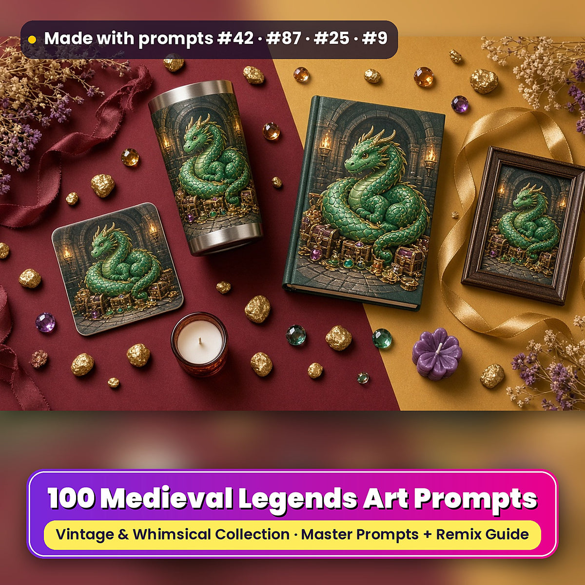Medieval Legends, Vintage & Whimsical Collection: realistic UV-printed mockup, made with prompts #42 · #87 · #25 · #9