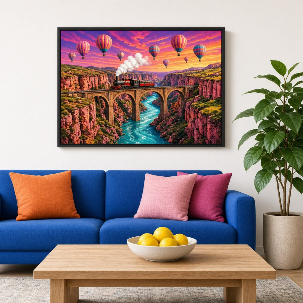 Bold-colour steampunk canyon panorama with a red steam train crossing an arched viaduct over a turquoise river beneath striped balloons in a sunset sky printed flat on a framed print in a living room, made with prompt #9