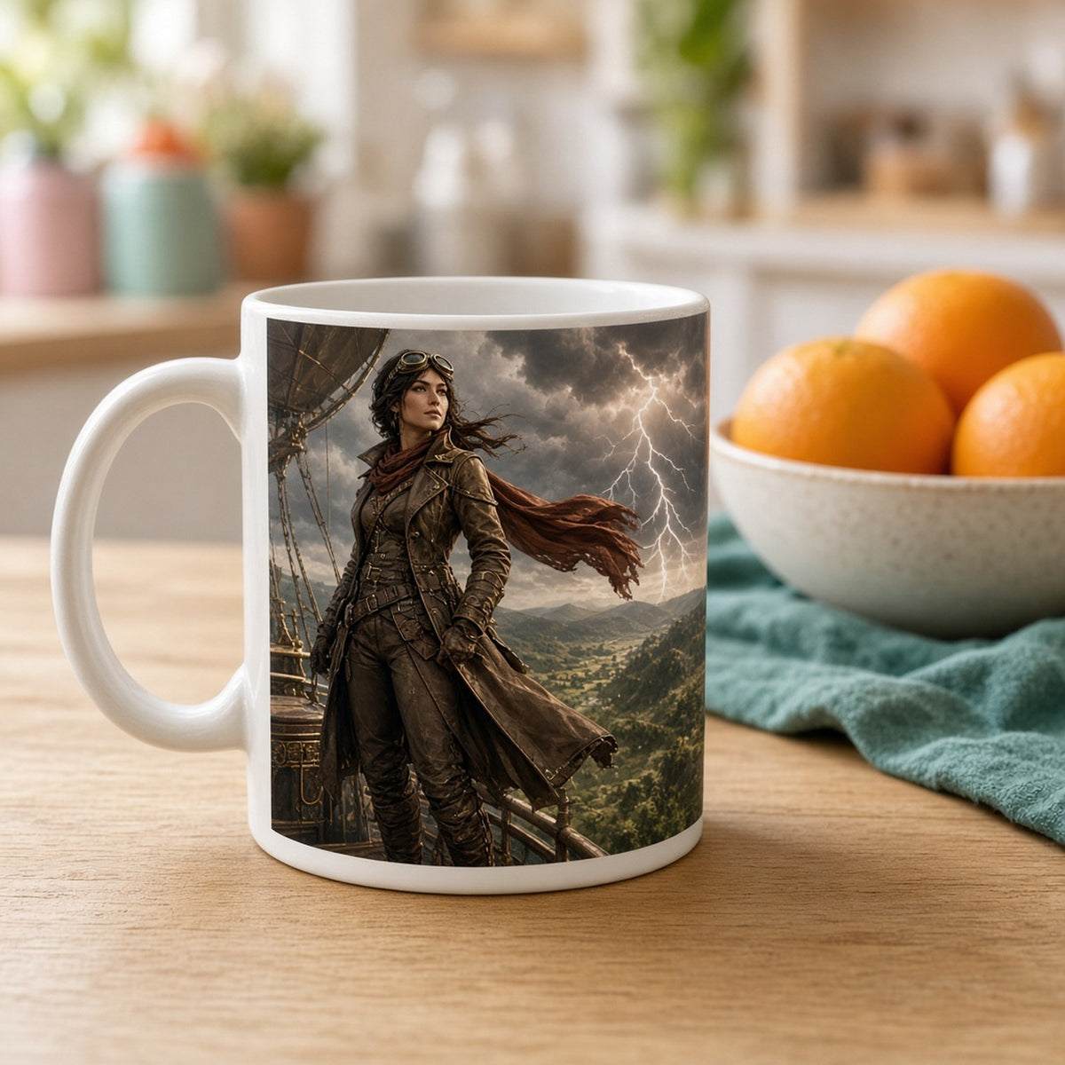 Cinematic adult woman aviator in a leather coat and brass goggles on an airship deck as a lightning storm rolls over a green valley printed flat on a mug, made with prompt #46