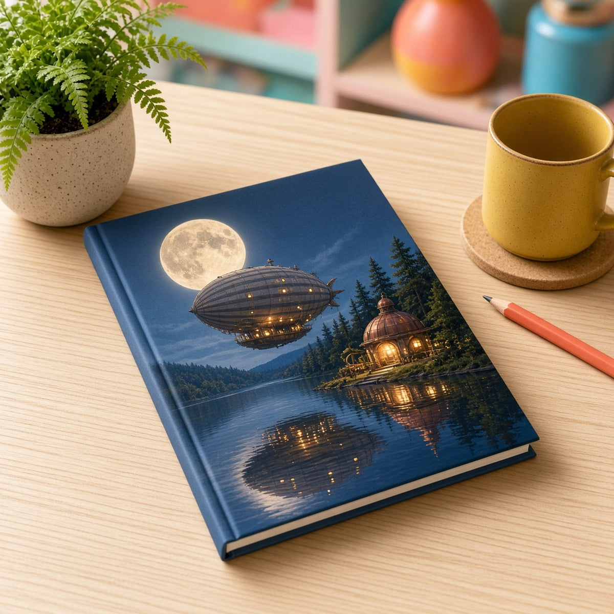 Moonlit steampunk airship with glowing portholes drifting over a still lake beside a glowing copper-domed lakeside workshop printed flat on a notebook cover, made with prompt #84