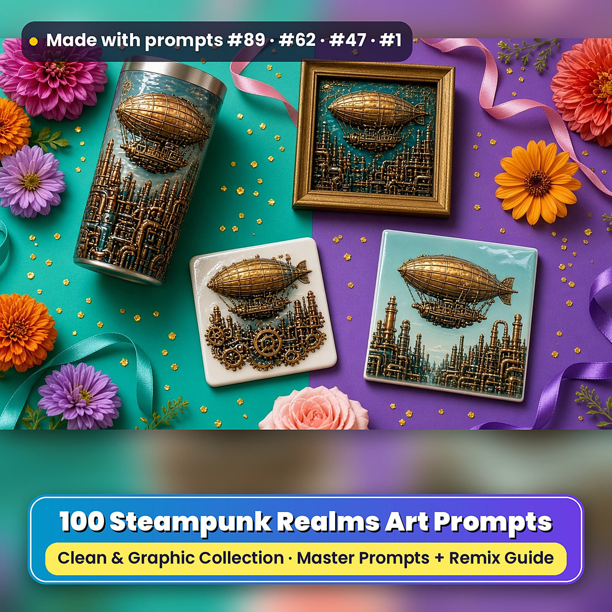 Steampunk Realms, Clean & Graphic Collection: Made with prompts #89 · #62 · #47 · #1 – realistic UV-printed mockup
