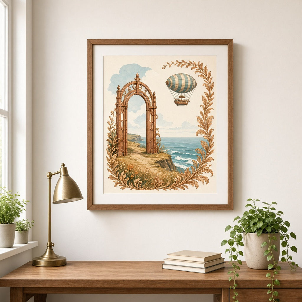 Luxury steampunk freestanding riveted copper archway on a seaside clifftop meadow framing a striped balloon airship in a bright sky, with a copper leaf border printed flat on a framed print in a home study, made with prompt #41