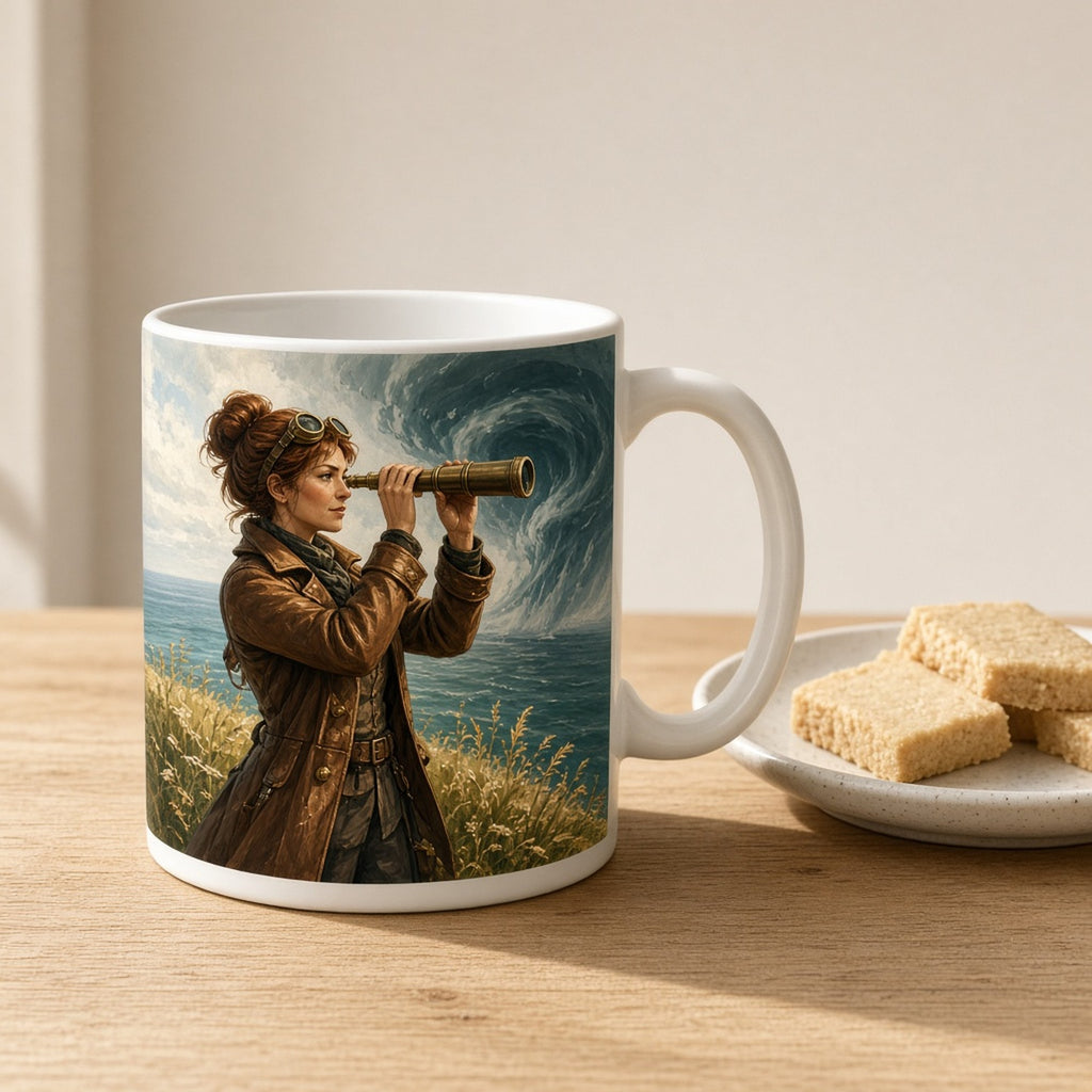 Illustrated adult woman inventor with brass goggles and a leather coat looking through a brass telescope on a clifftop as a swirling teal storm approaches over the sea printed flat on a mug, made with prompt #226