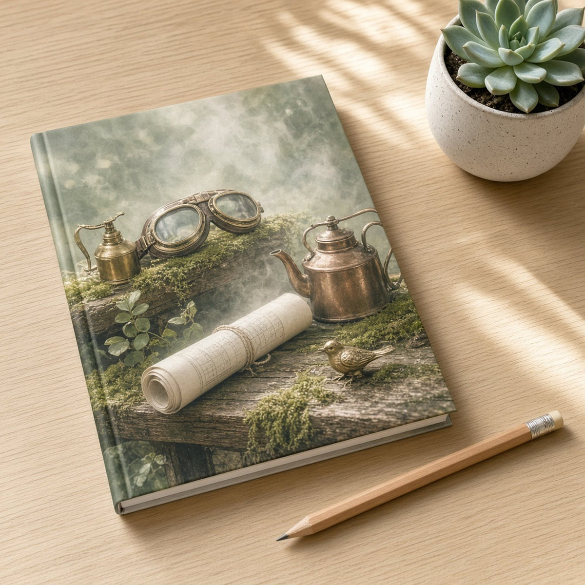 Soft morning mist half revealing an inventor's keepsakes on a mossy workbench, brass goggles, an oil can, a copper kettle, a rolled blueprint and a little brass bird printed flat on a notebook cover, made with prompt #416