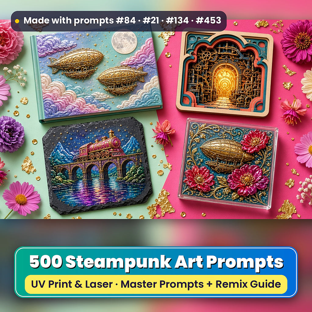 500 Steampunk Art Prompts Library: Made with prompts #84 · #21 · #134 · #453 – realistic UV-printed mockup