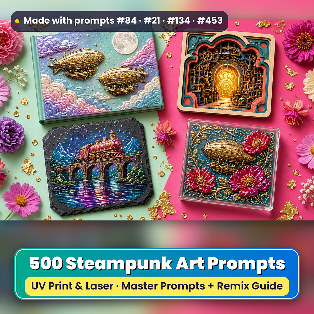 500 Steampunk Art Prompts Library: Made with prompts #84 · #21 · #134 · #453 – realistic UV-printed mockup