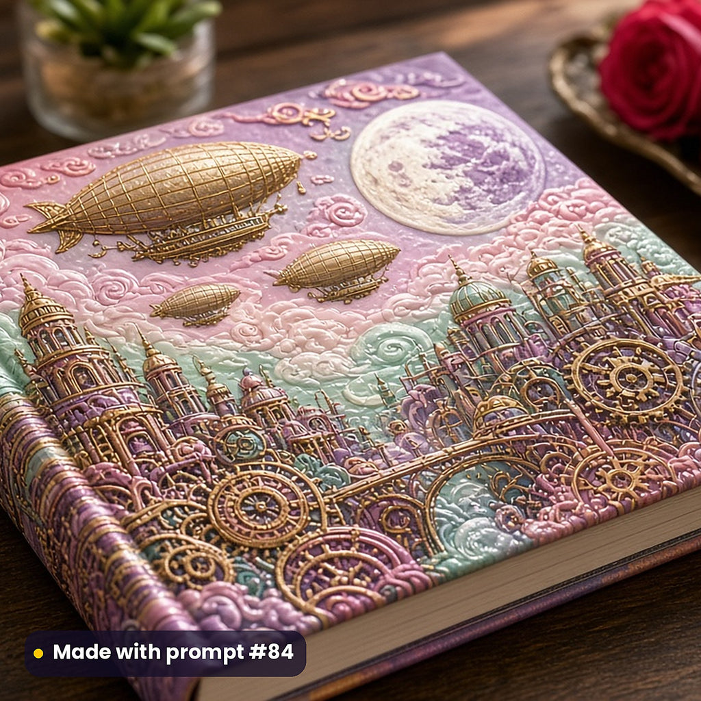 500 Steampunk Art Prompts Library: Made with prompt #84 – realistic UV-printed mockup (Soft Pastel — Moonlit Scene)