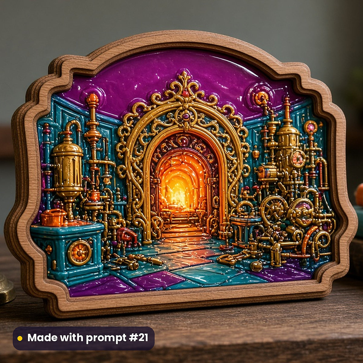 500 Steampunk Art Prompts Library: Made with prompt #21 – realistic UV-printed mockup (Bold Colour — Gateway)