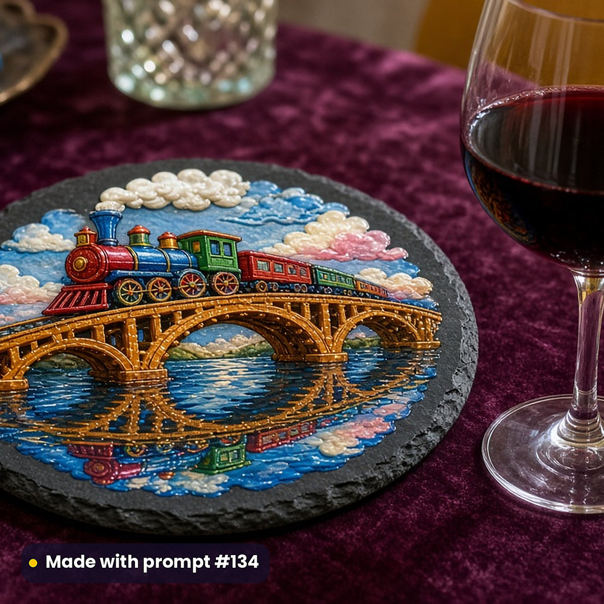 500 Steampunk Art Prompts Library: Made with prompt #134 – realistic UV-printed mockup (Playful Whimsical — Reflective Water)