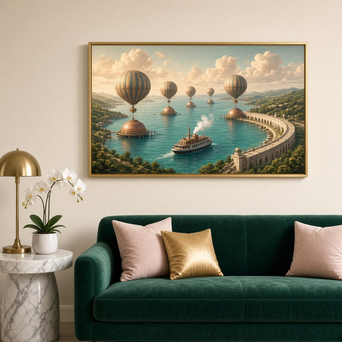 Luxury steampunk panoramic bay with striped balloon airships moored to copper domes, a paddle steamboat and a curved stone harbour wall printed flat on a framed print in a living room, made with prompt #9
