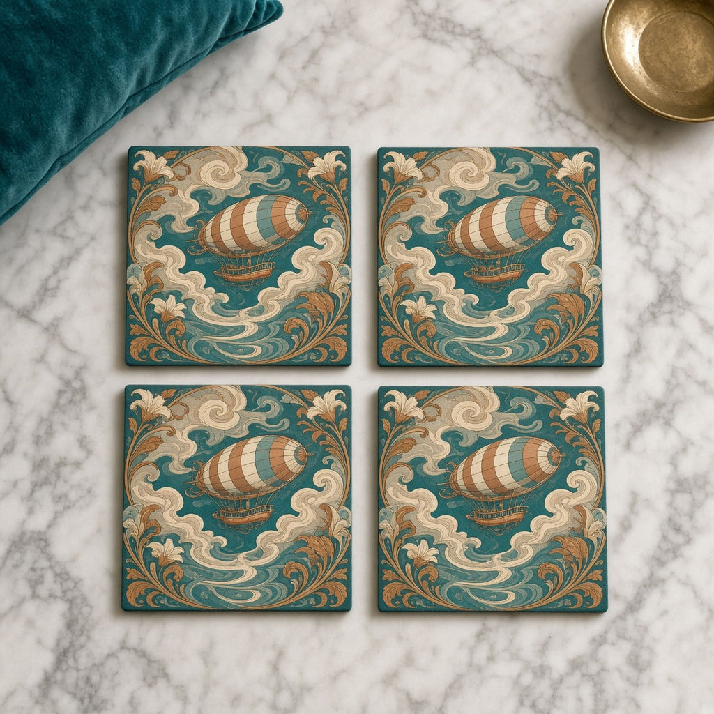 Art Nouveau steampunk striped airship sailing ahead of swirling storm clouds within flowing lily and vine ornament printed flat on a set of 4 coasters, made with prompt #46
