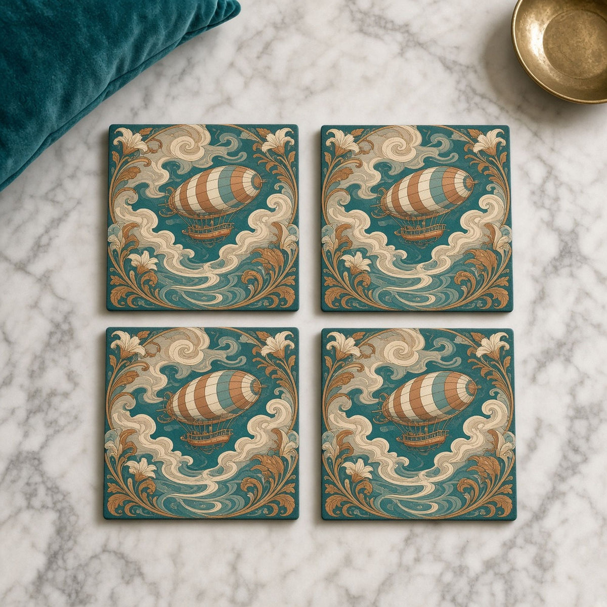 Art Nouveau steampunk striped airship sailing ahead of swirling storm clouds within flowing lily and vine ornament printed flat on a set of 4 coasters, made with prompt #46