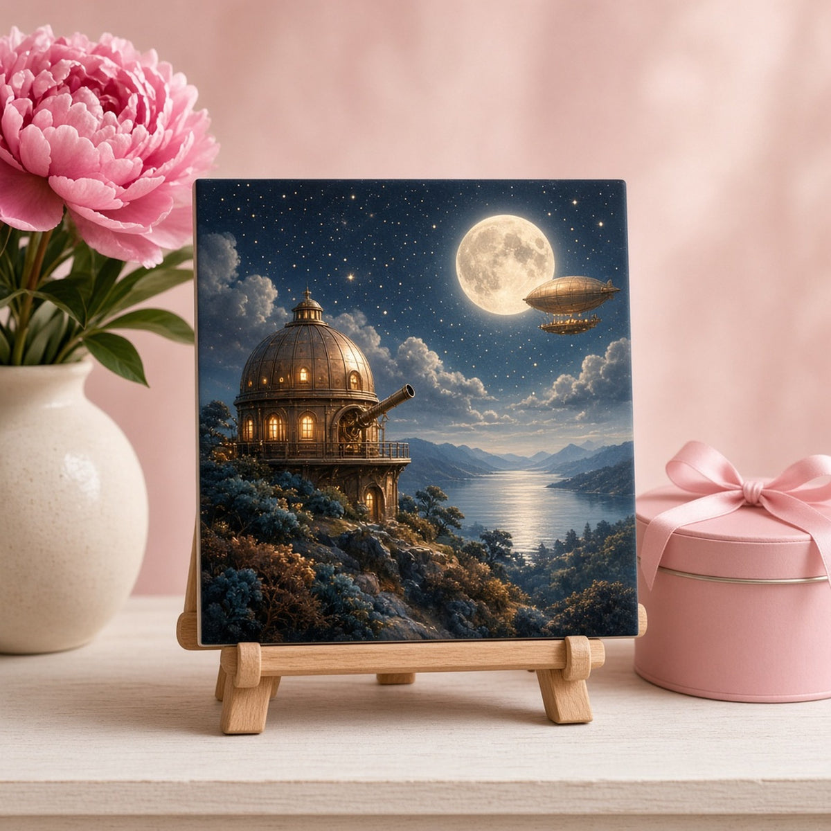 Gift-edition steampunk brass observatory dome with a telescope on a hilltop under a full moon with a glowing airship over a silver lake printed flat on a ceramic tile, made with prompt #84