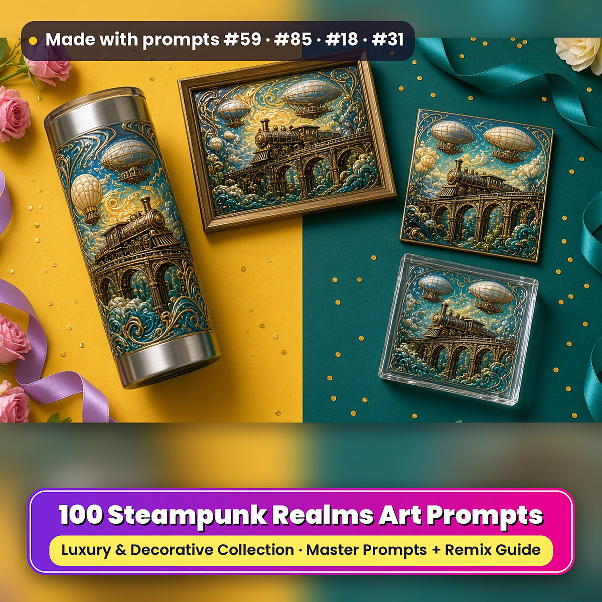 Steampunk Realms, Luxury & Decorative Collection: realistic UV-printed mockup, made with prompts #59 · #85 · #18 · #31