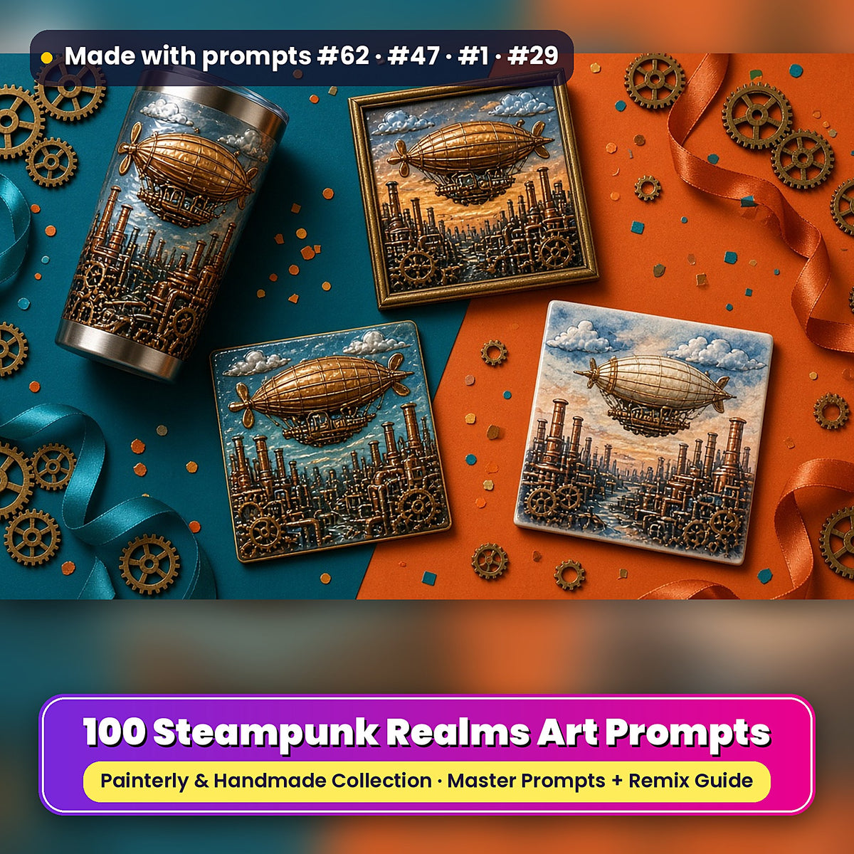 Steampunk Realms, Painterly & Handmade Collection: realistic UV-printed mockup, made with prompts #62 · #47 · #1 · #29