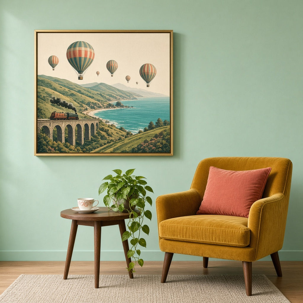 Vintage retro steampunk coastal panorama with a steam train on an arched stone viaduct, turquoise sea and striped balloon airships printed flat on a framed print in a reading corner, made with prompt #9