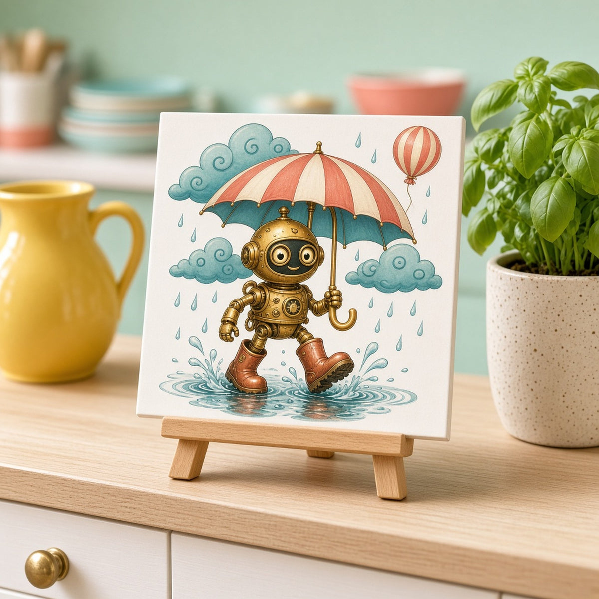 Playful whimsical brass robot with a striped umbrella and copper rain boots splashing in puddles under curly storm clouds printed flat on a ceramic tile, made with prompt #46