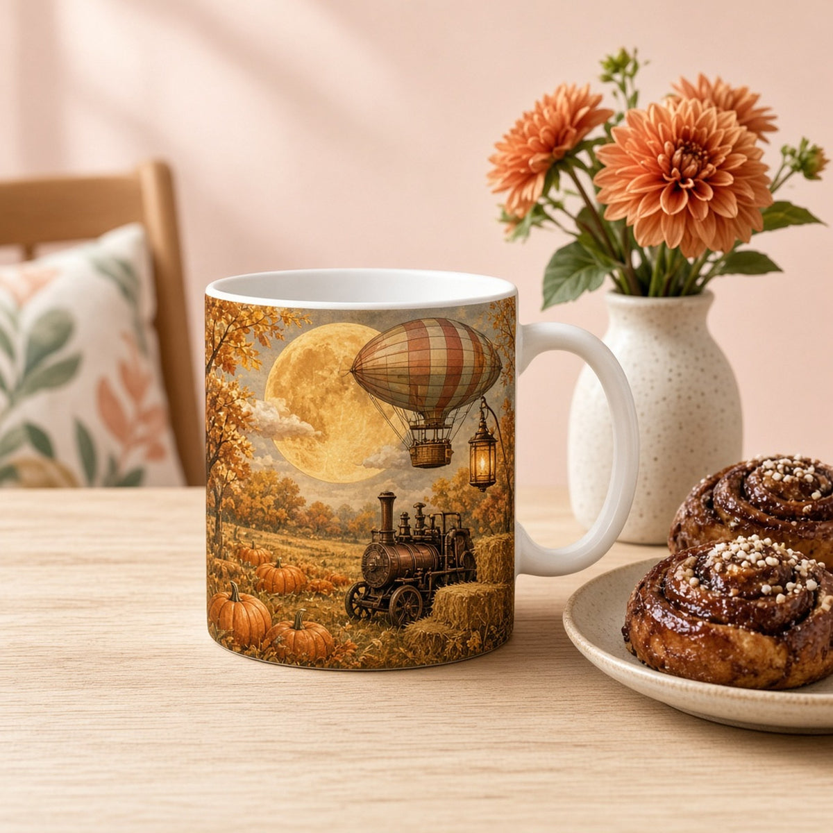 Seasonal autumn harvest moon over pumpkin fields with a striped balloon airship, glowing lantern and copper steam tractor by hay bales printed flat on a mug, made with prompt #84