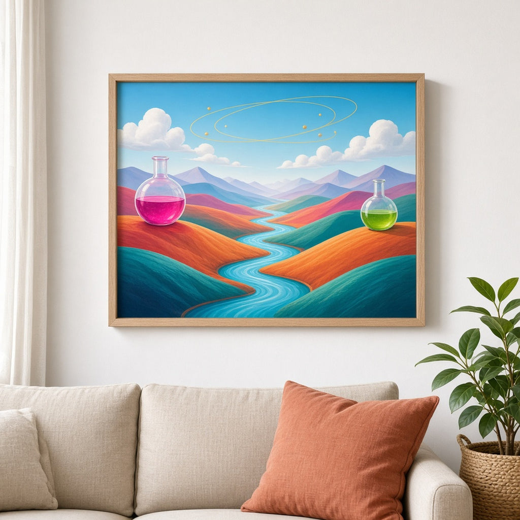 Bold colour alchemy panorama of layered teal, orange and magenta hills with a winding turquoise river, glowing magenta and lime glass flasks and golden orbit rings in a bright sky printed flat on a framed print in a living room, made with prompt #9